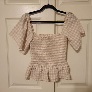 NWOT Mittoshop tan/white plaid elastic blouse with oversized sleeves